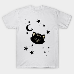 Black cat with stars and crescent moon T-Shirt